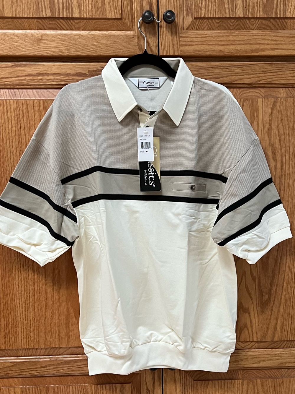 Classics By Palmland Two-Tone Polo Shirt in Cream and Taupe with Black Stripes